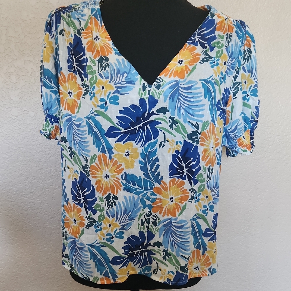 RACHEL Rachel Roy Blue, Yellow & Green Floral V-Neck Blouse
